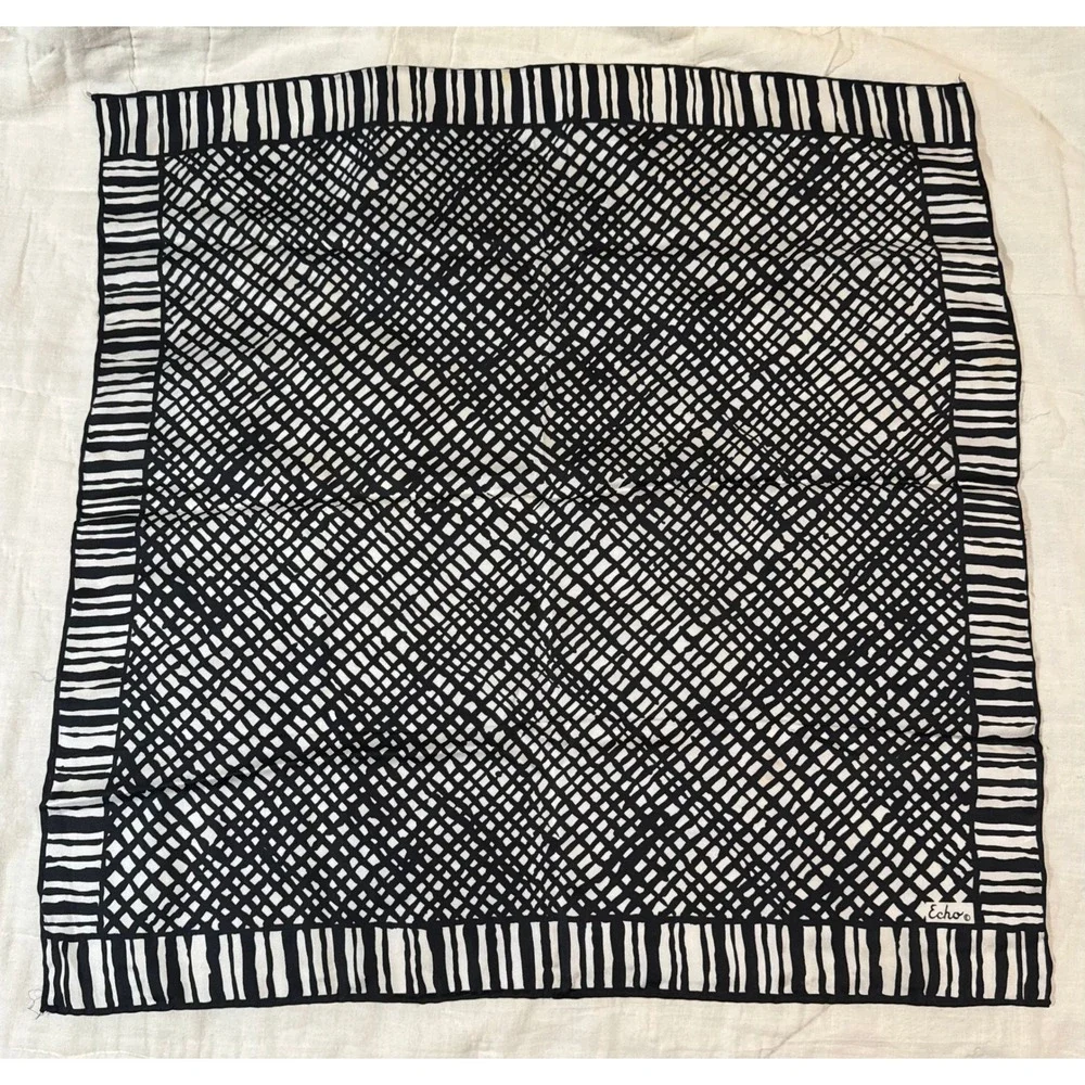 Echo Silk Scarf Black White Graphic Grid Print Square Neck Scarf 22.5in